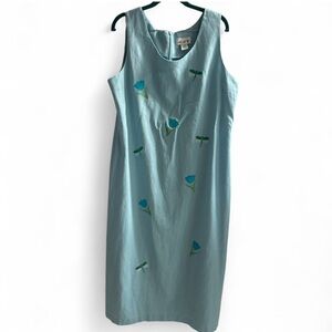 Vintage Scoop Neck Linen Blend Blue Sheath Midi Dress Sleeveless Tulips  XL